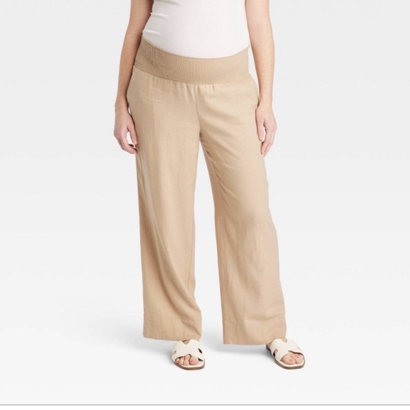 Isabel Maternity Tan Beige Linen Wide Leg Pant Matching Set with Crop Top - Picture 2 of 6